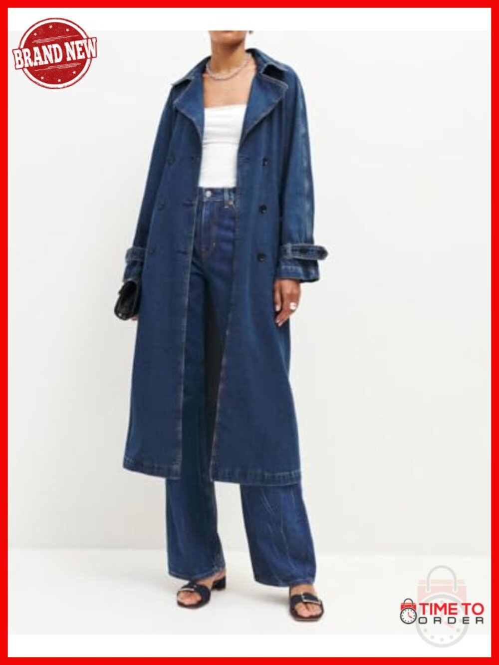 Women's Denim Trench Coat Double Breasted Midi Jacket with Belt Cotton Blend - Picture 4 of 6